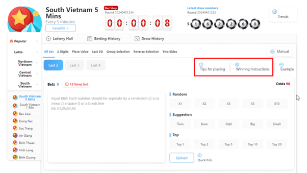 Chụp màn hình xổ số Miền Nam trên 8xbet