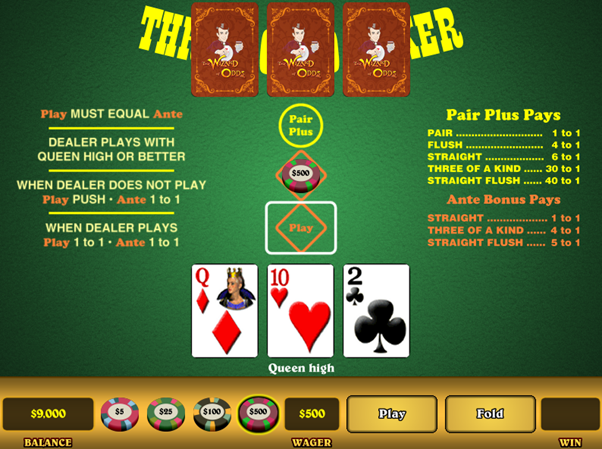 Người chơi Poker 3 lá đang đặt cược Ante & Tố và Cược Đôi.